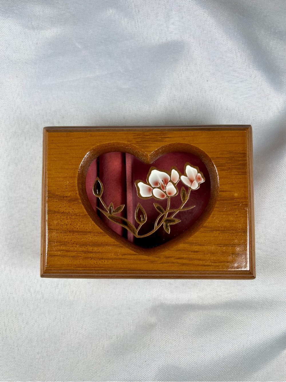 Vintage 80s Wooden Jewelry Box Pink Velvet Heart